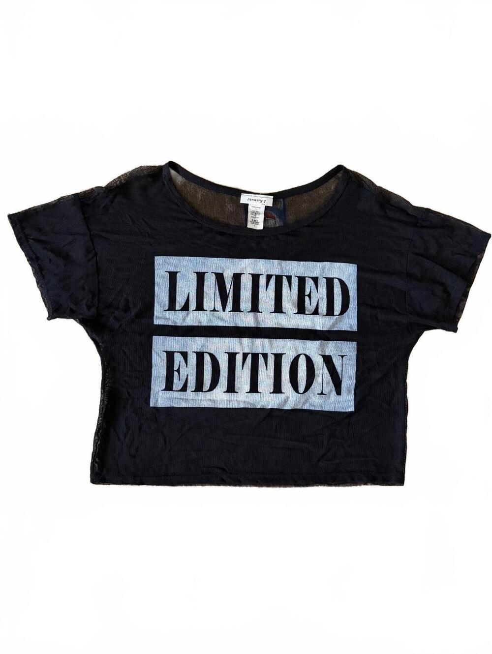 Vintage Y2K January 7 Cropped T-Shirt Womens Size L Black Sheer Mesh Graphic Tee